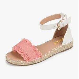 Miss Left Pink Open Round Toe Espadrille Wedge Buckles Low Heeled Sandals